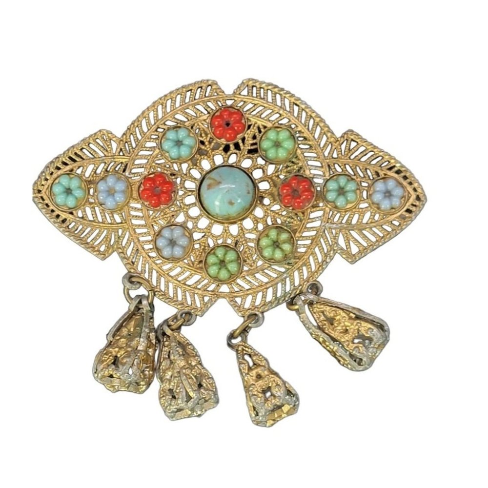 Large Vintage Art Deco Czech Embellished Dangle Brooch Pin